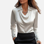 The Athletics Society | Women's Satin Blouse Draped Neckline Slim Fit Elegant Top - 1