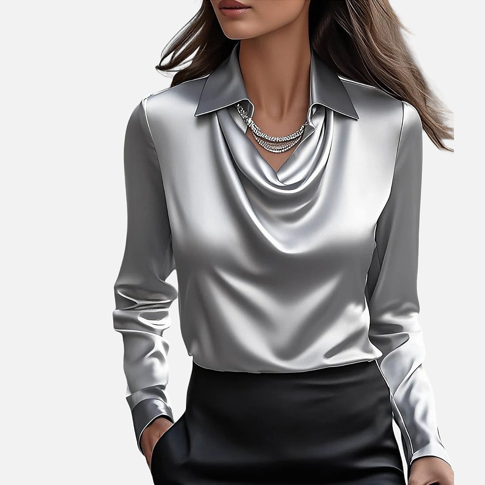 The Athletics Society | Women's Satin Blouse Draped Neckline Slim Fit Elegant Top - 5